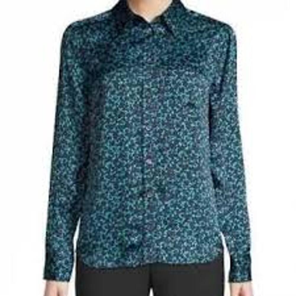 Equipment Femme Blouse Blue Black Satin Floral Button Down Career  Size  XS